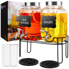 Drink Dispenser2PACK Glass Drink Dispensers for Parties1 Gallon Beverage Dispenser with Stand Stainless Steel Spigot Leak proofCome with Ice CylinderFruit Tube and 2 Rubber Mats