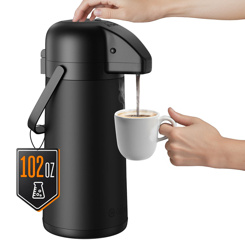 Airpot Coffee Carafe for Keeping Hot - 102 OZ/ 3L Large Coffee Dispenser with Pump - Insulated Stainless Steel Thermos Urn for Hot Drinks Water Tea - Thermal Beverage Dispenser for Parties