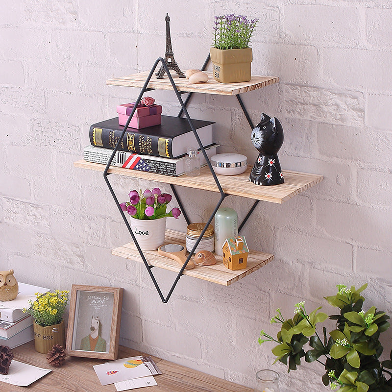 Retro Diamond Iron Wooden Wall Bookshelf Rack