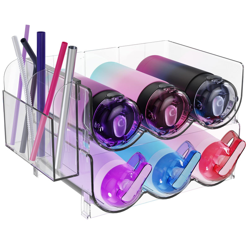 Jeani 2 Tiered Acrylic Water Bottle Organizer - Stackable Water Bottle Storage Rack with Attachable Side Bin - Multipurpose Water Bottle Shelf Tumbler Organizer for Kitchen Cabinets Pantry and More